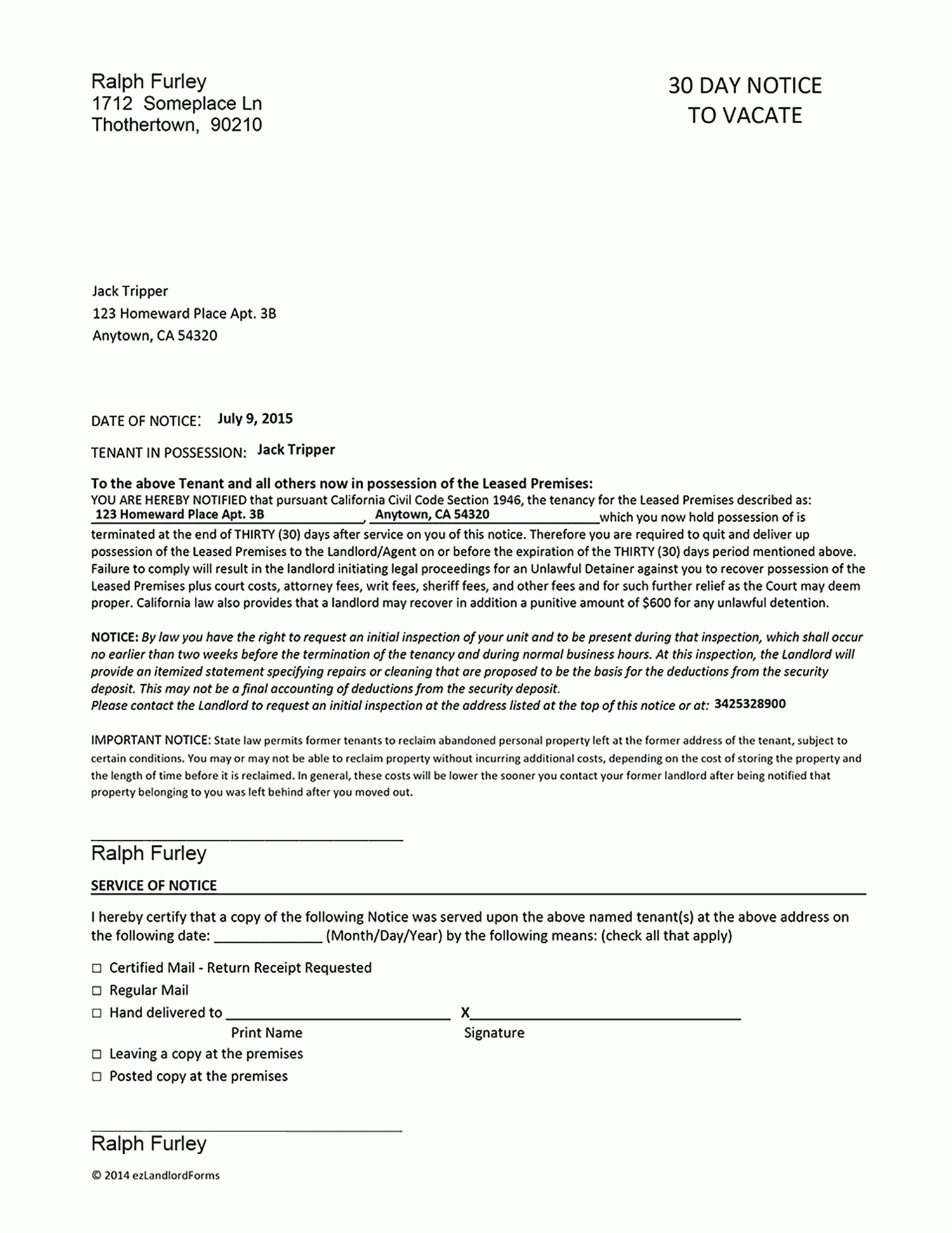 California 30 Day Notice To Vacate | Ezlandlordforms Regarding 30 Day Notice To Landlord California Template