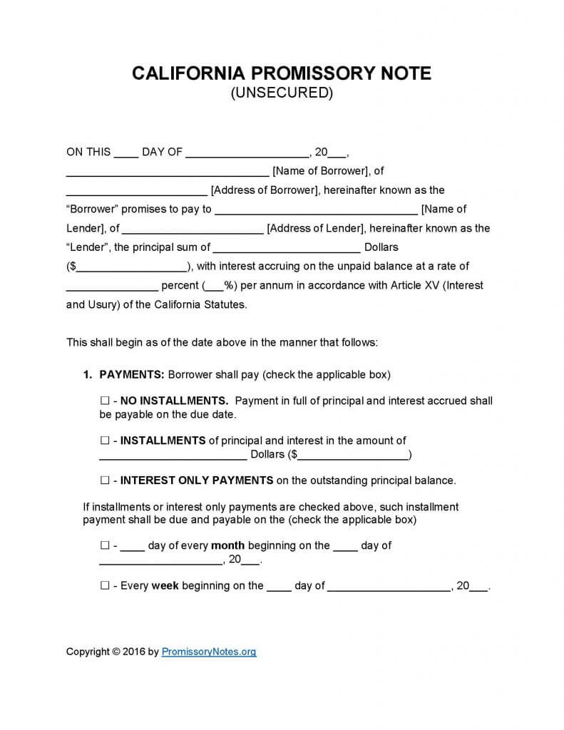 California Unsecured Promissory Note Template - Promissory With California Promissory Note Template