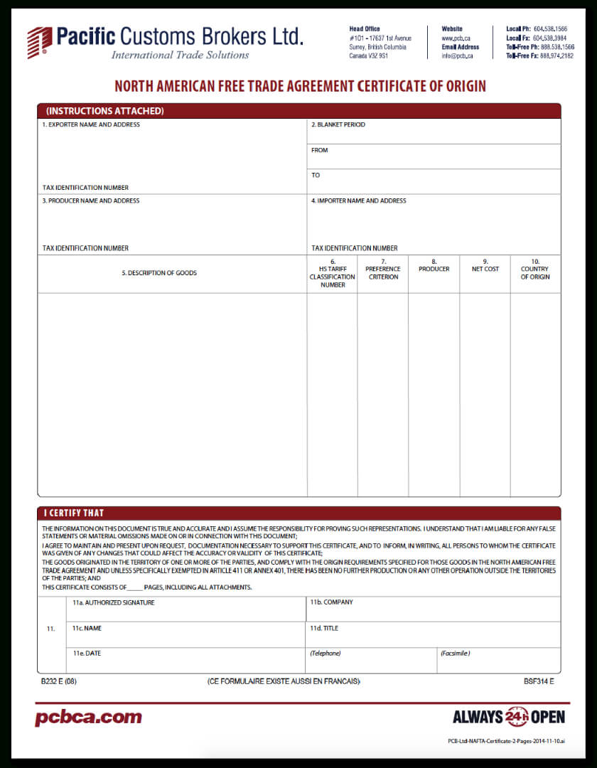Canada Customs Forms Pdf Downloads | Pcb With Certificate Of Origin For A Vehicle Template