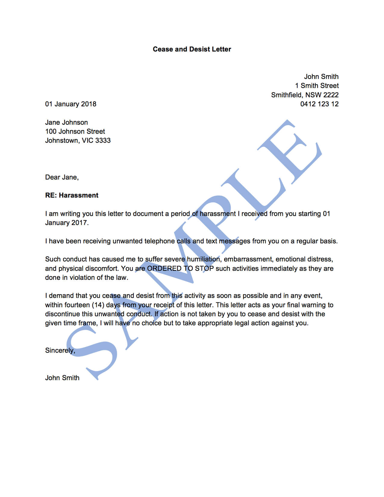 Cease And Desist (Harassment) – Free Template | Sample – Lawpath Inside Cease And Desist Letter Template Australia
