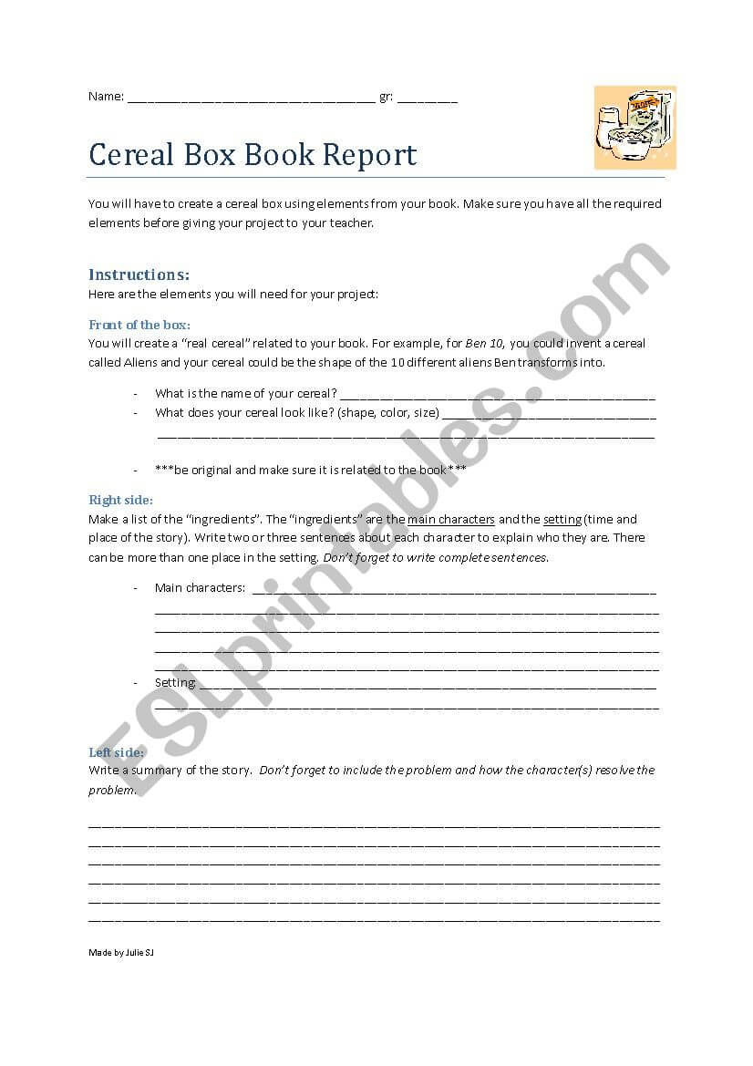 Cereal Box Book Report Project – Esl Worksheetcurlyju Regarding Cereal Box Book Report Template