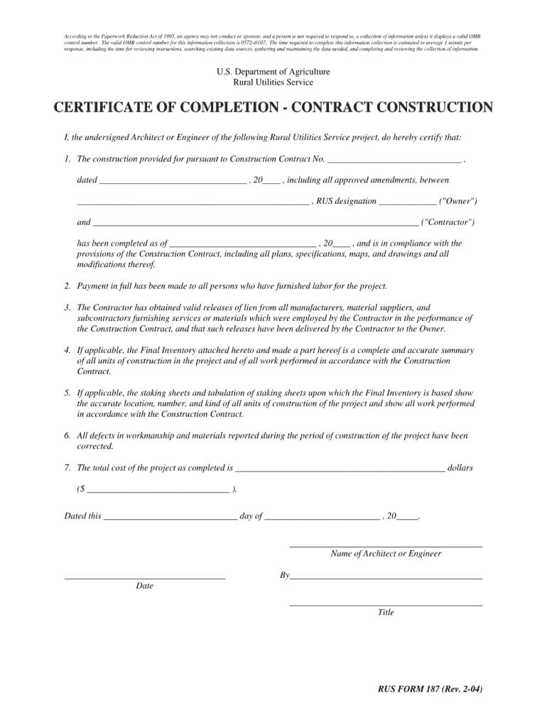 Certificate Of Completion Construction Pdf – Fill Online With Regard To Certificate Of Substantial Completion Template