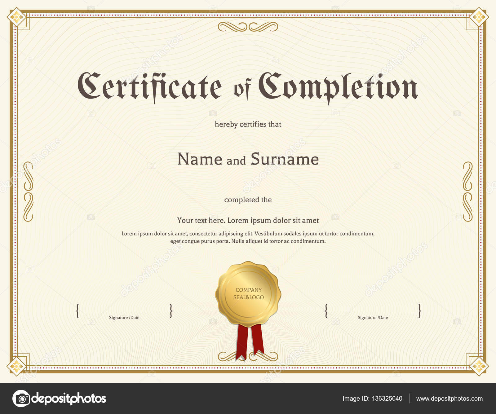 Certificate Of Completion Template In Vintage Theme — Stock With Certification Of Completion Template