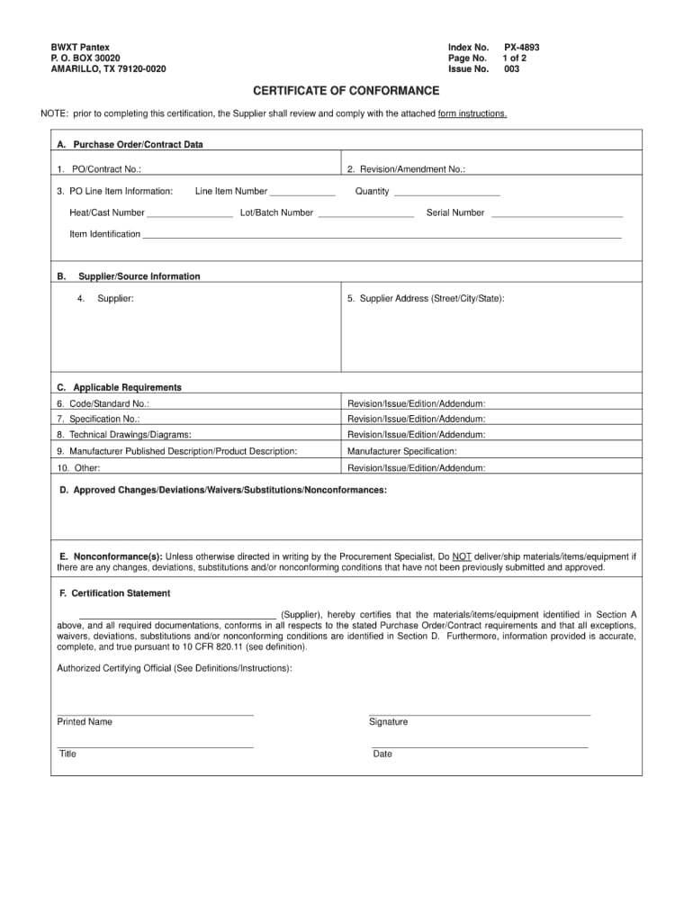 Certificate Of Conformance Template – Fill Online, Printable In Certificate Of Conformance Template