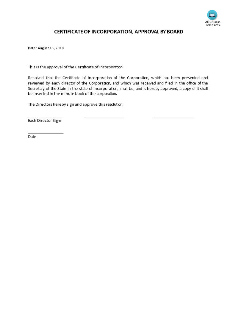 Certificate Of Incorporation, Board Acceptance | Templates At Within Certificate Of Acceptance Template