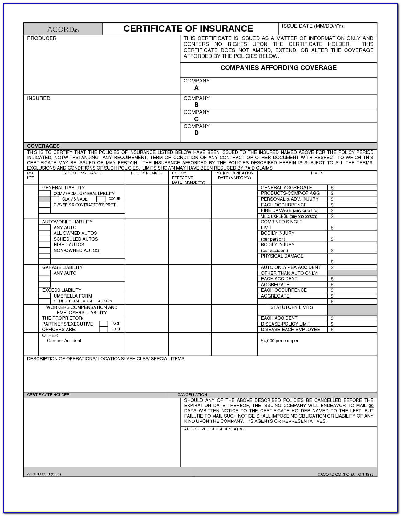 Certificate Of Liability Insurance Form Acord 25 – Form With Certificate Of Liability Insurance Template