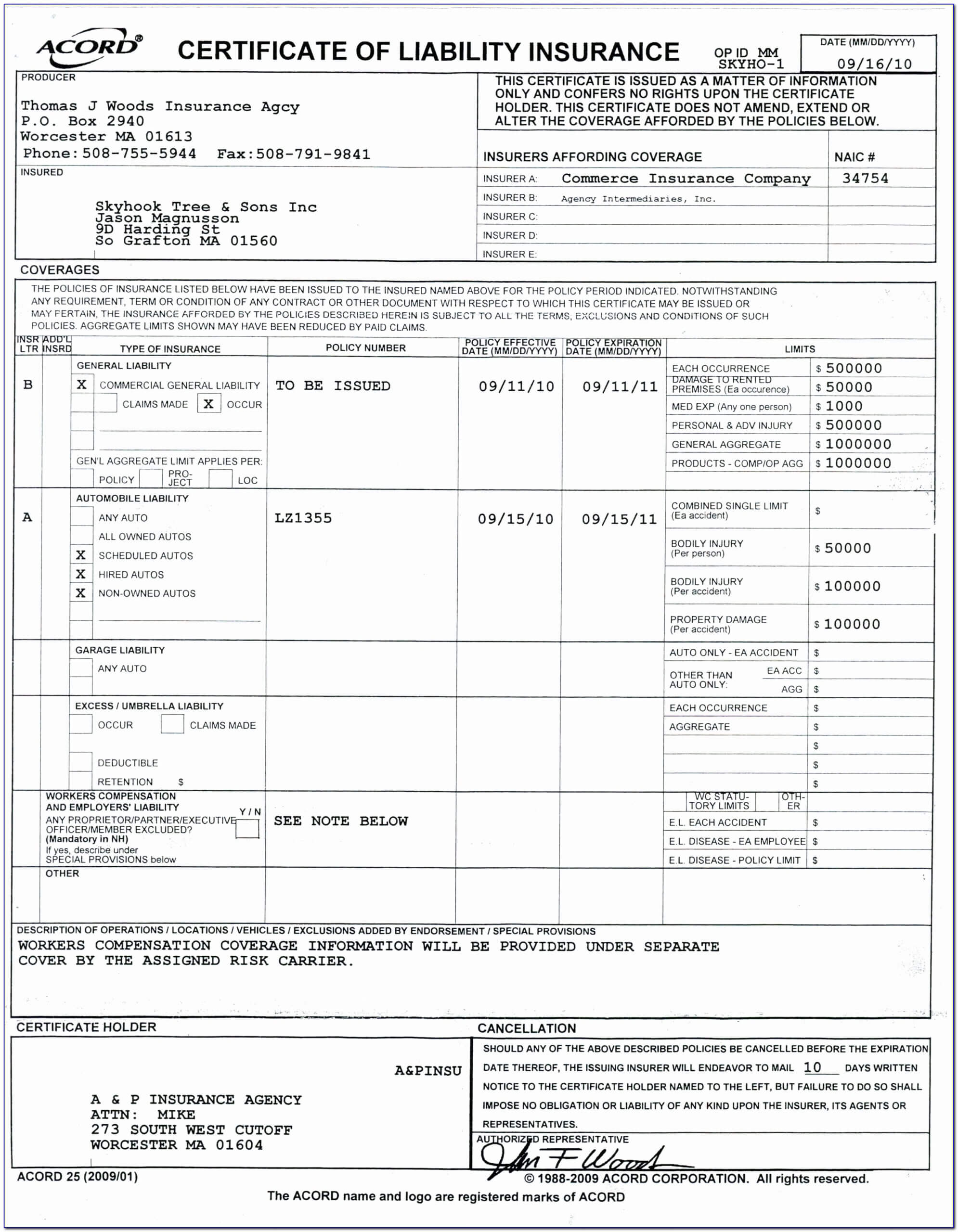 Certificate Of Liability Insurance Form Fillable For Certificate Of Insurance Template