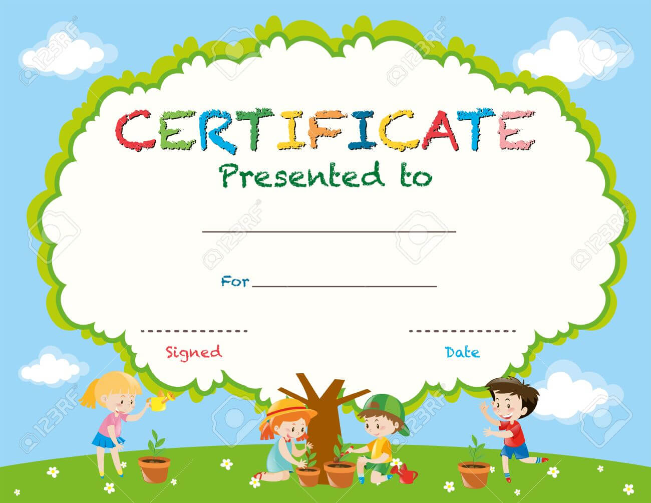 Certificate Template With Kids Planting Trees Illustration In Children's Certificate Template