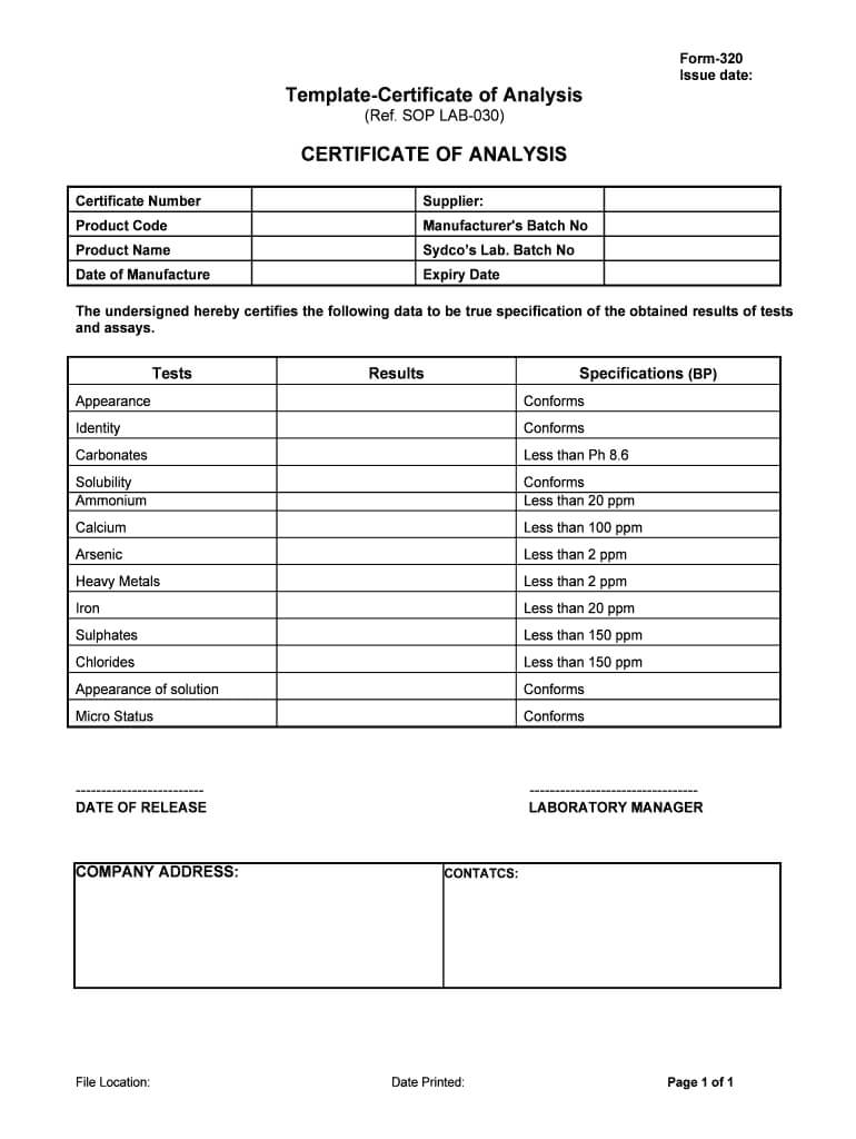 Certification Of Analysis Template – Fill Online, Printable Within Certificate Of Appearance Template
