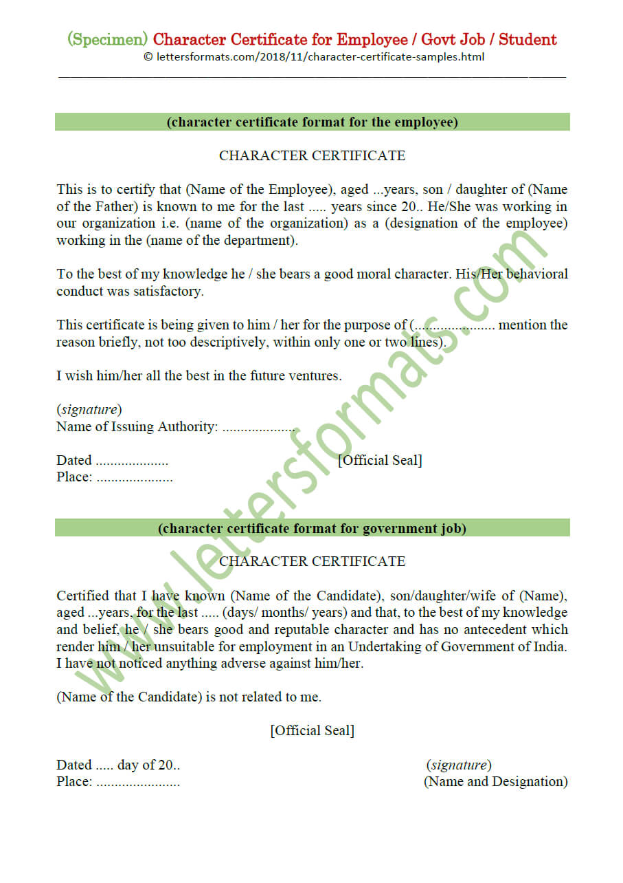 Character Certificate For Employee / Govt Job / Student (Sample) With Certificate Of Employment Template