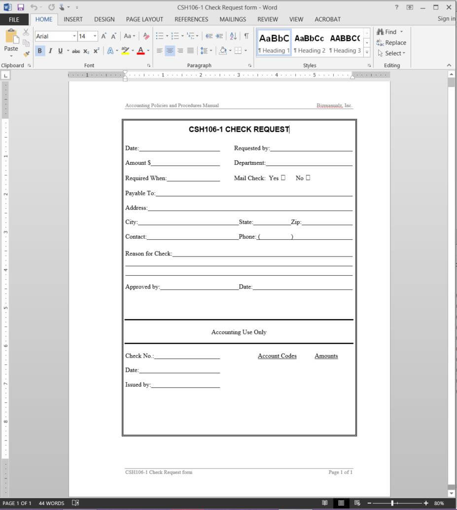 Check Request Template | Csh106 1 In Check Request Form Template