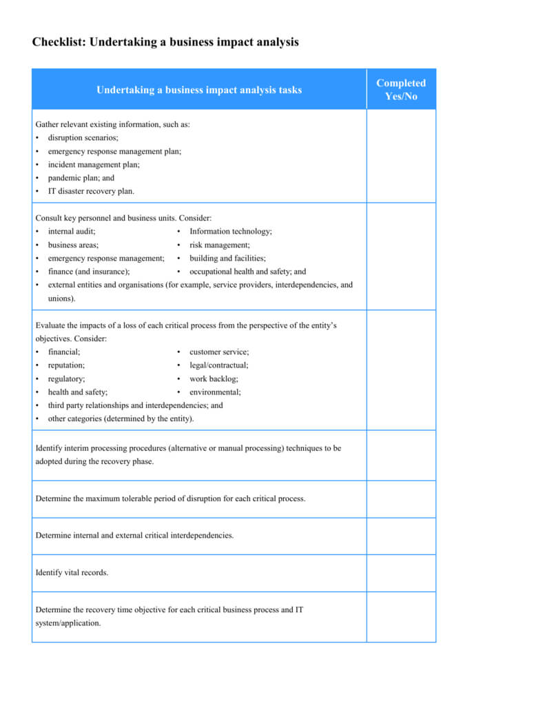 Checklist: Implementation Of A Business Continuity Management Regarding Business Continuity Checklist Template