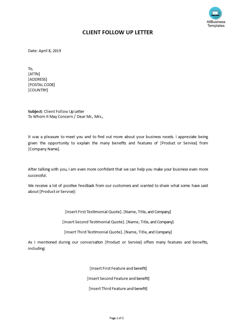 Client Follow Up Letter In Word | Templates At Pertaining To Business Testimonial Template
