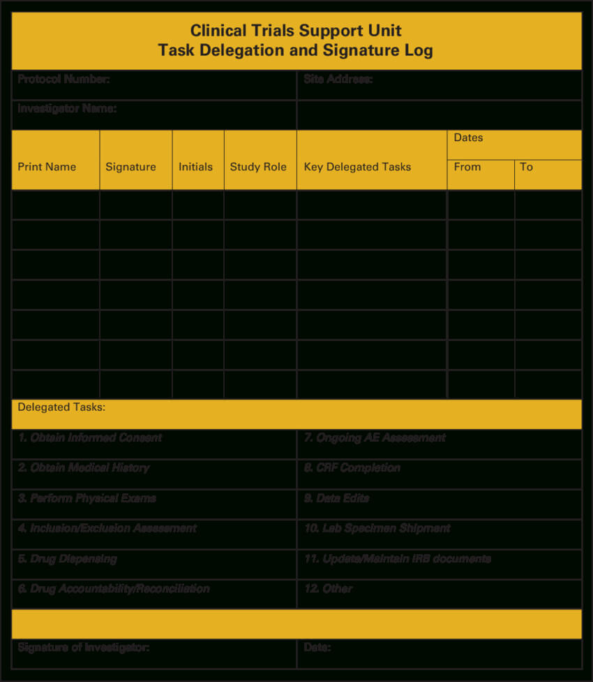 Clinical Trials Support Unit Task Delegation Log. Ae Pertaining To Case Report Form Template Clinical Trials