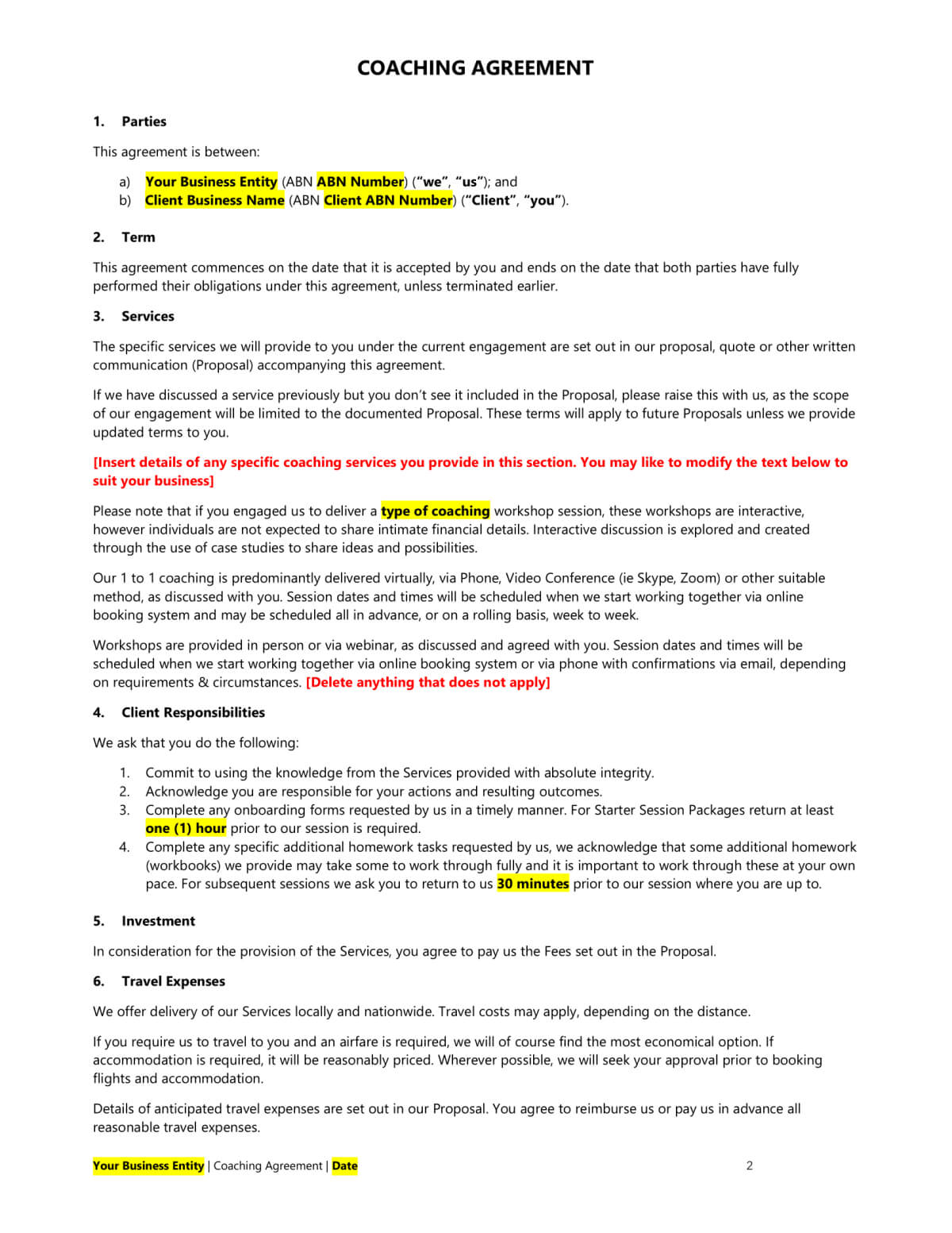 Coaching Agreement Template – Easy Legal Templates In Business Coaching Contract Template