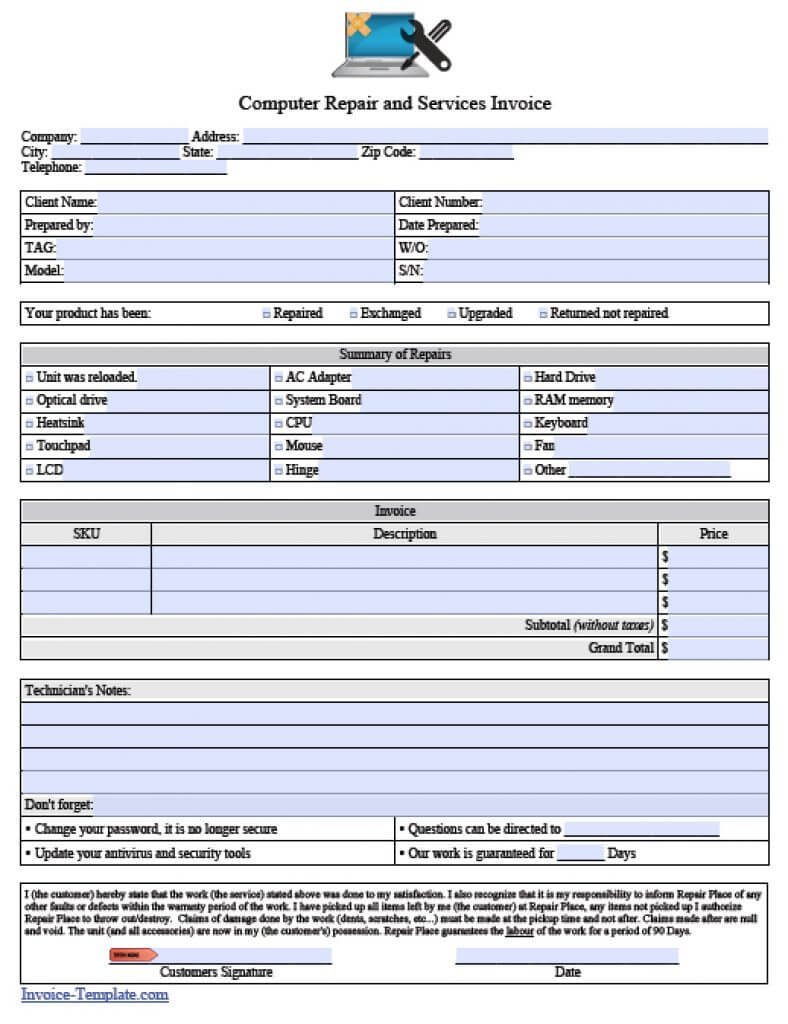 Computer Repair Invoice Template Pdf | Invoice Example Within Air Conditioning Invoice Template