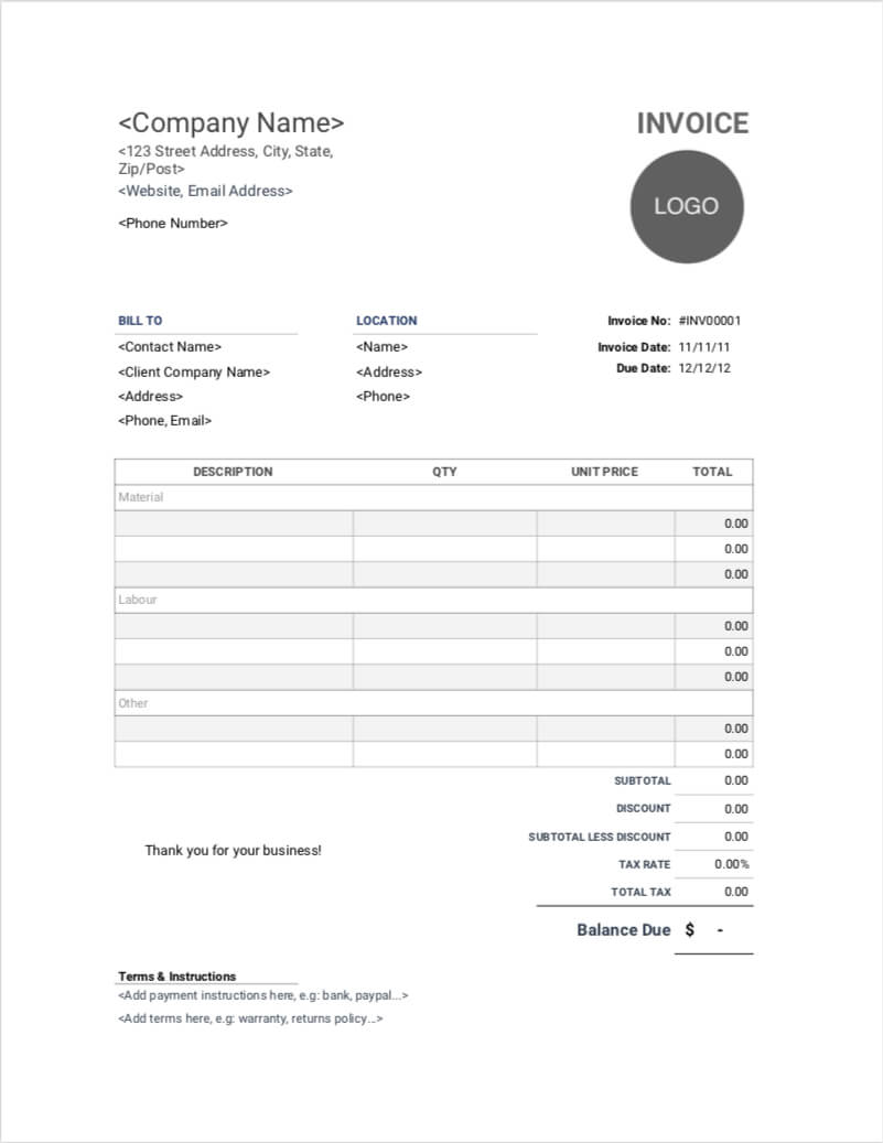 Contractor Invoice Templates | Free Download | Invoice Simple Within Carpet Installation Invoice Template