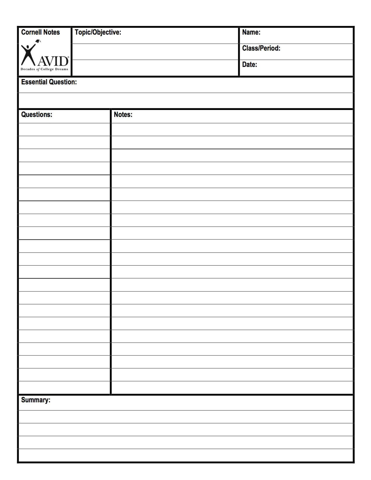 Cornell Notes Pdf Download Free Clipart With A Transparent Within Avid Cornell Notes Template Pdf