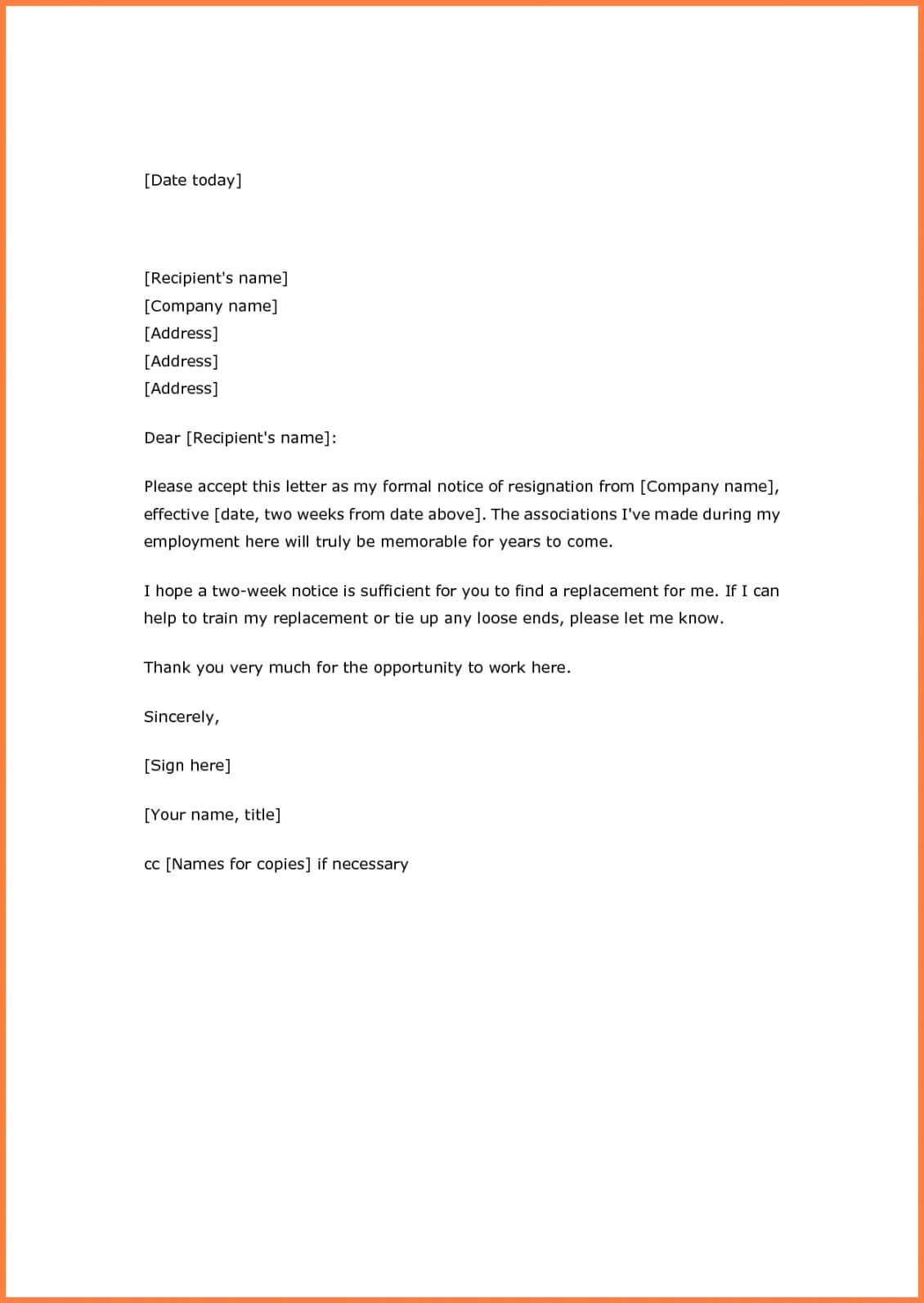 Costume Example Of Resignation Letter Two Weeks Notice 5 Throughout 2 Week Notice Letter Template