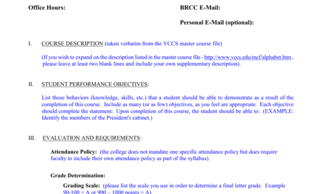Course Syllabus Template - Blue Ridge Community College pertaining to Blank Syllabus Template