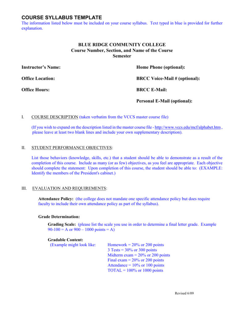 Course Syllabus Template – Blue Ridge Community College Pertaining To Blank Syllabus Template