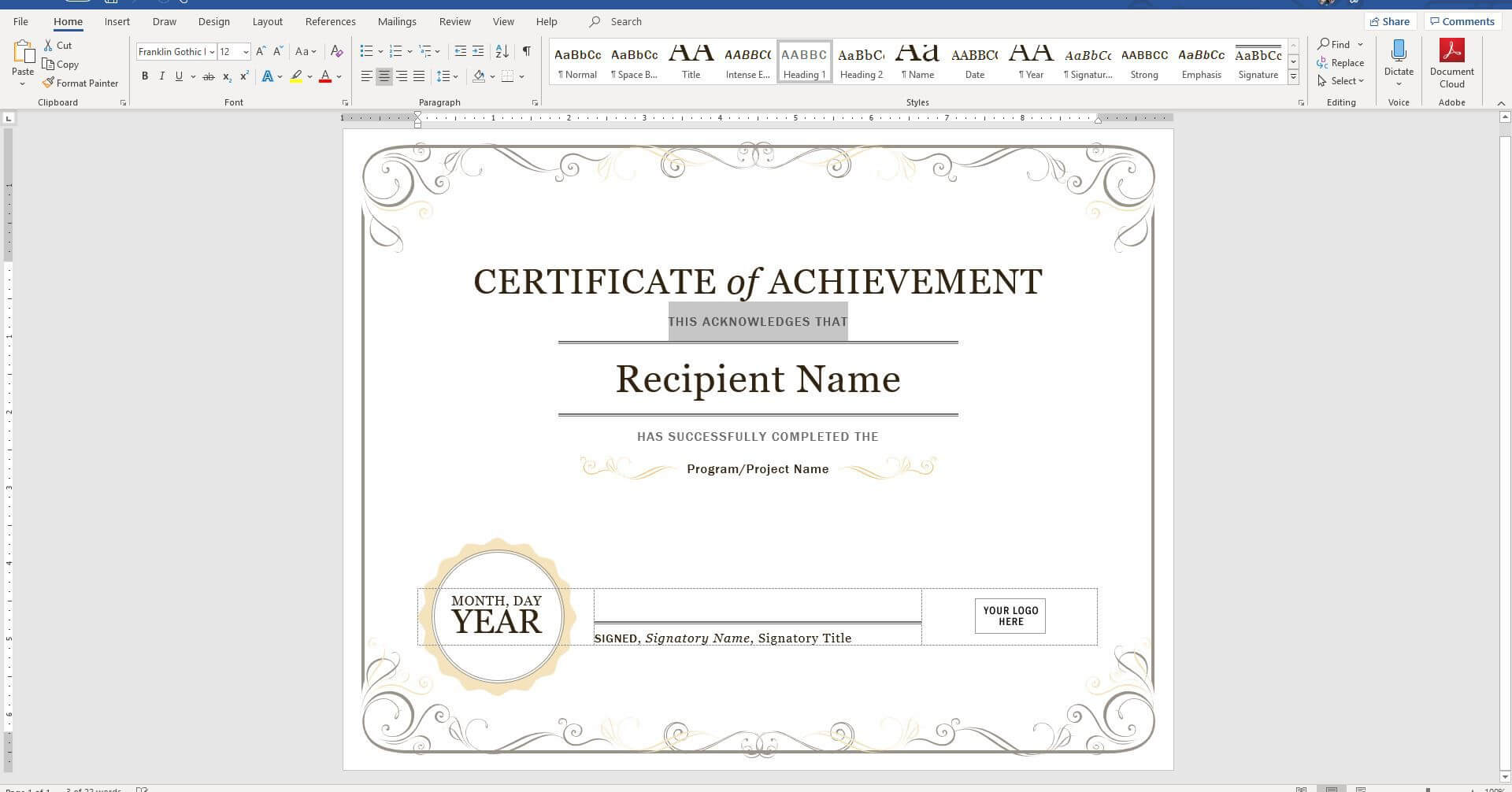 Create A Certificate Of Recognition In Microsoft Word For Certificate Of Achievement Template Word