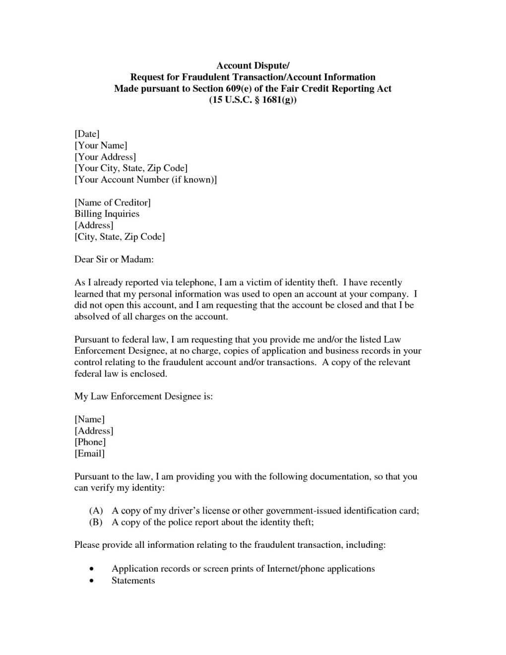 Credit Repair Letter Section 609 Dispute Sample Throughout 609 Dispute Letter Template