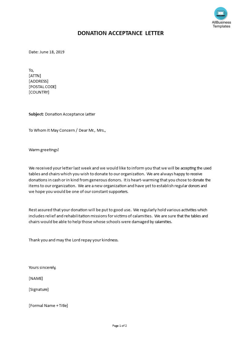 Donation Acceptance Letter | Templates At In Business Donation Letter Template
