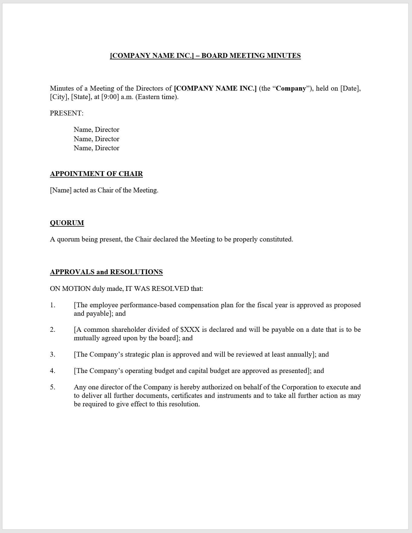 Download Board Meeting Minutes – Template From Cfi Marketplace Inside Board Of Directors Meeting Minutes Template