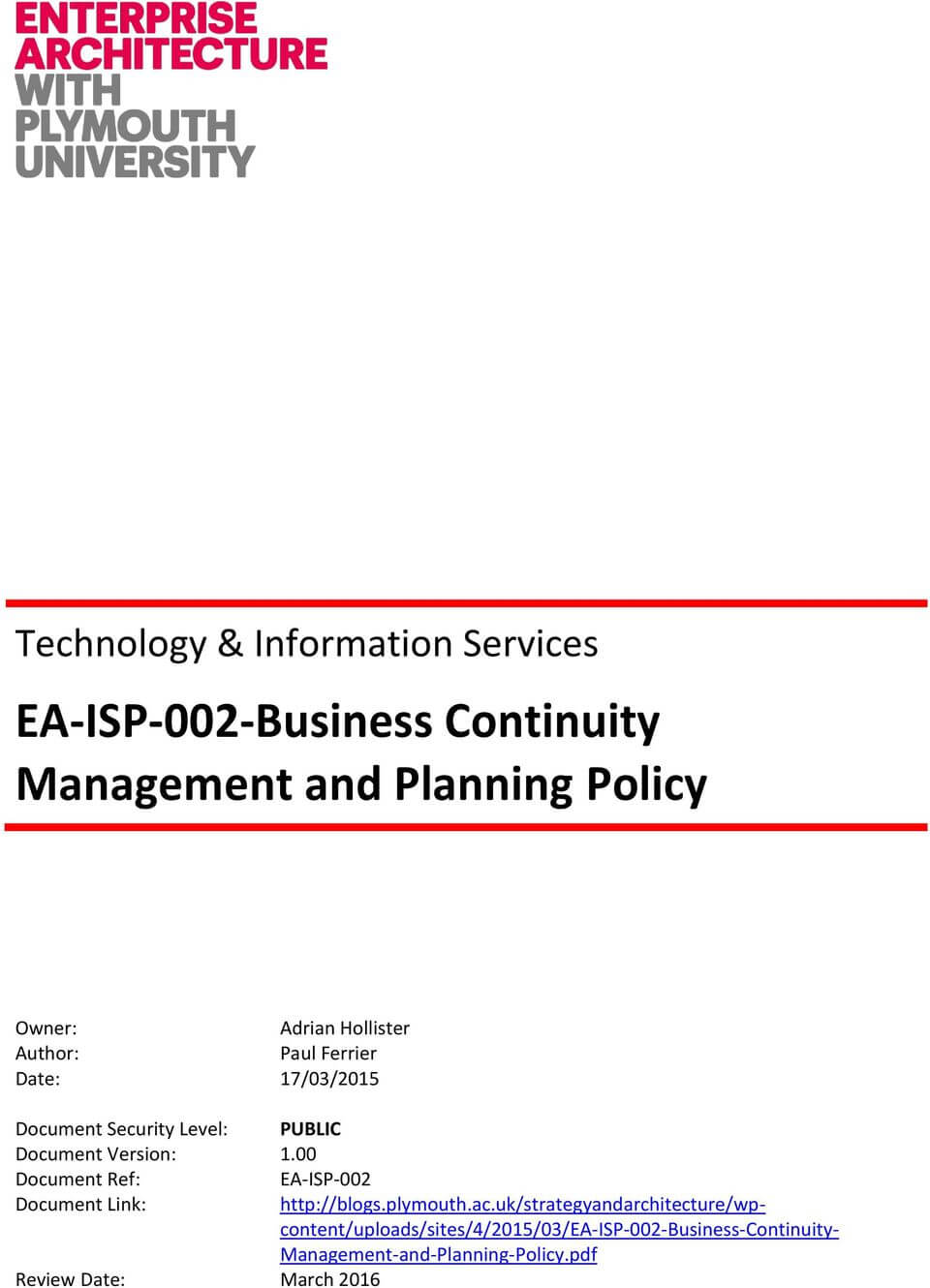 Ea Isp 002 Business Continuity Management And Planning With Business Continuity Management Policy Template
