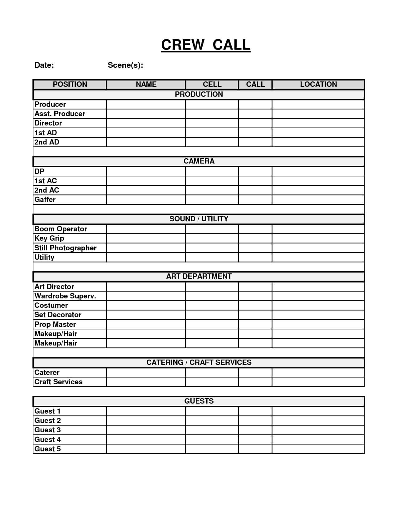 Easy To Use Crew Call And Call Sheet Template Sample : V M D With Blank Call Sheet Template