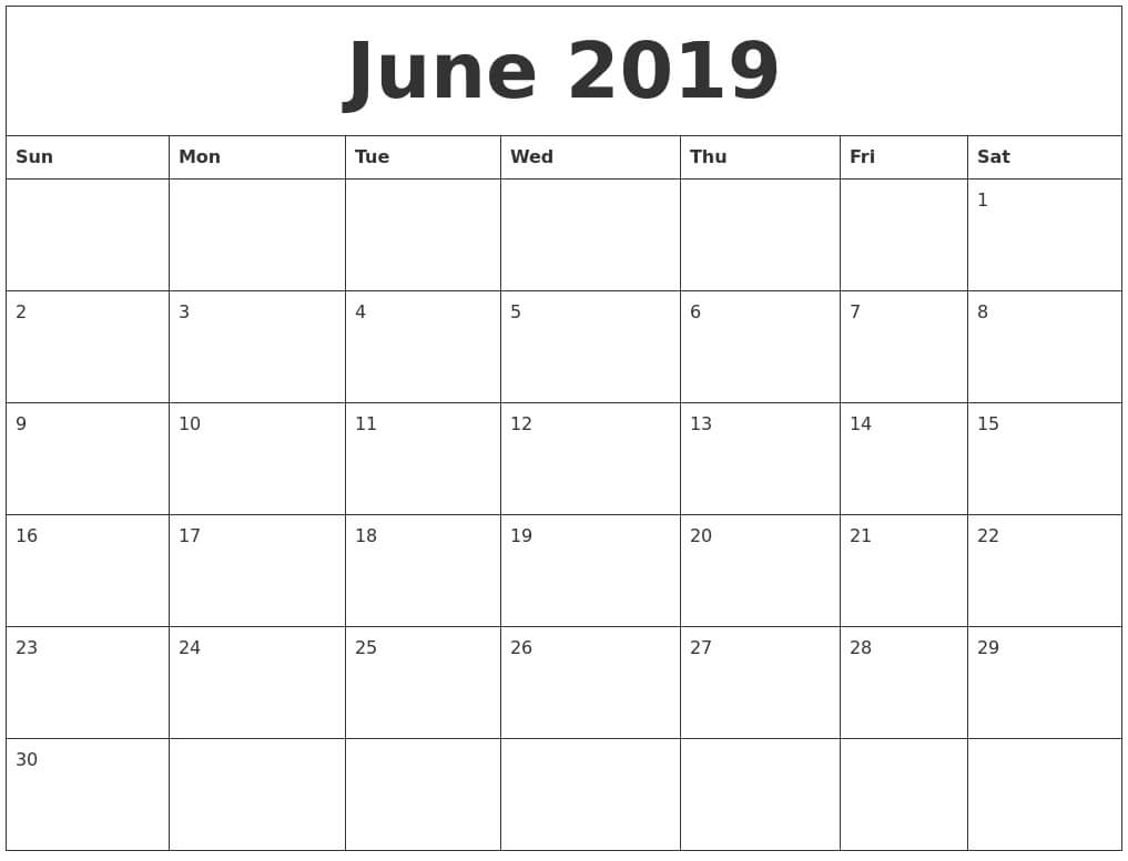Editable June 2019 Calendar In Pdf, Word, And Excel With Regard To Blank Activity Calendar Template