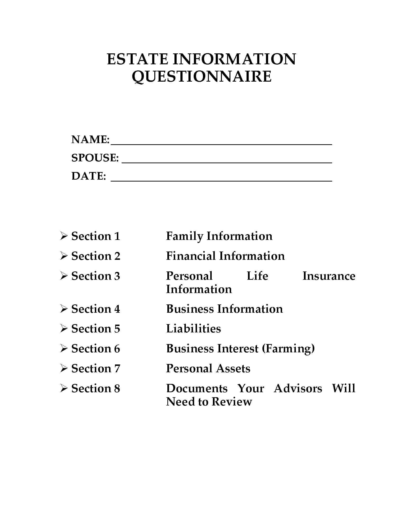 Estate Plan Review Questionnaires | Templates And Samples For Business Plan Questionnaire Template