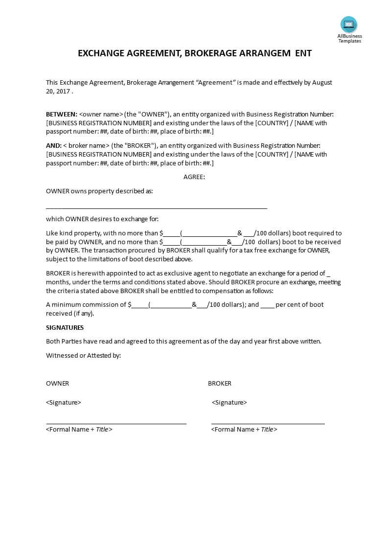 Exchange Agreement, Brokerage Agreement | Templates At Throughout Business Broker Agreement Template