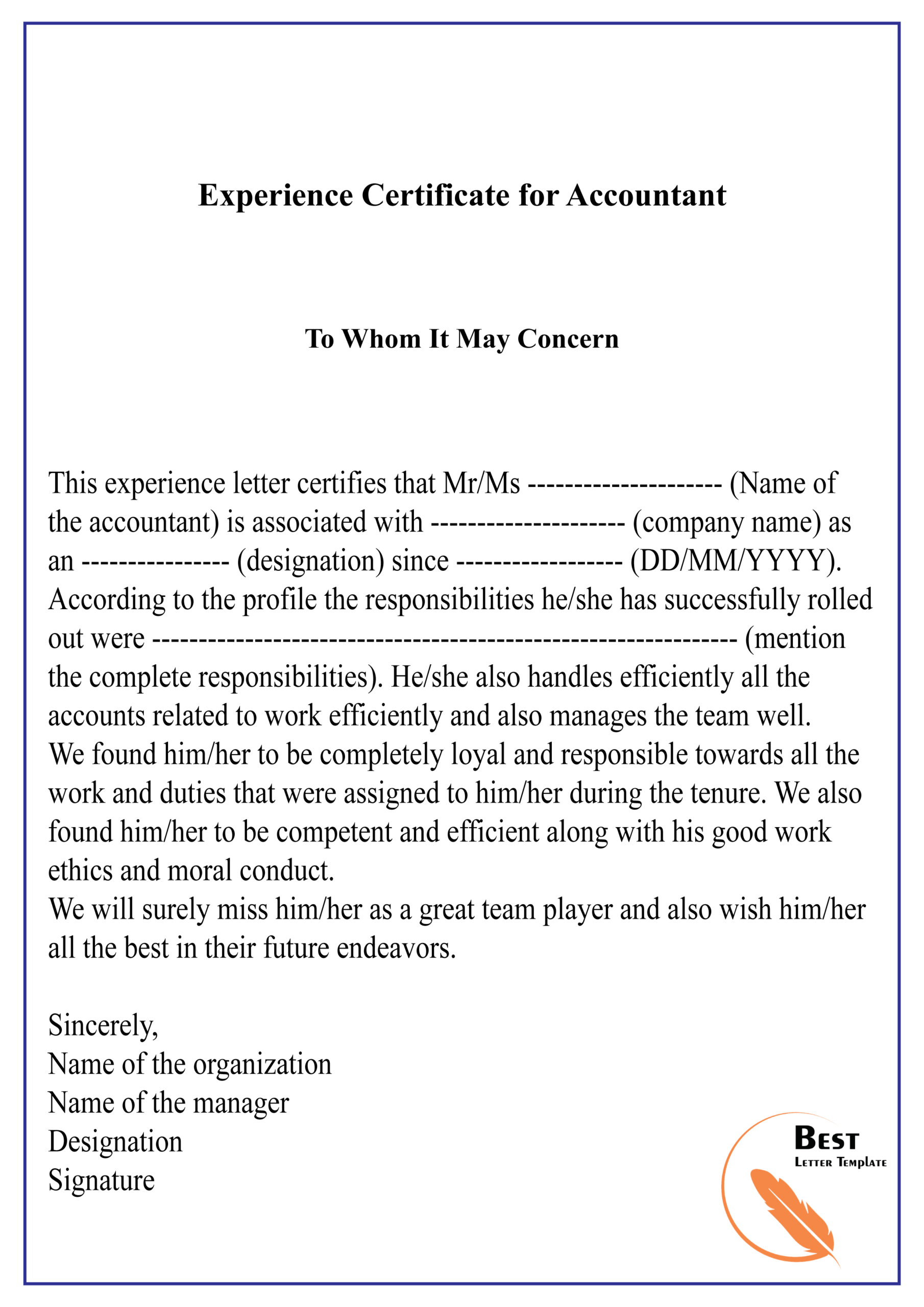 Experience Certificate For Accountant 01 | Best Letter Template In Certificate Of Experience Template