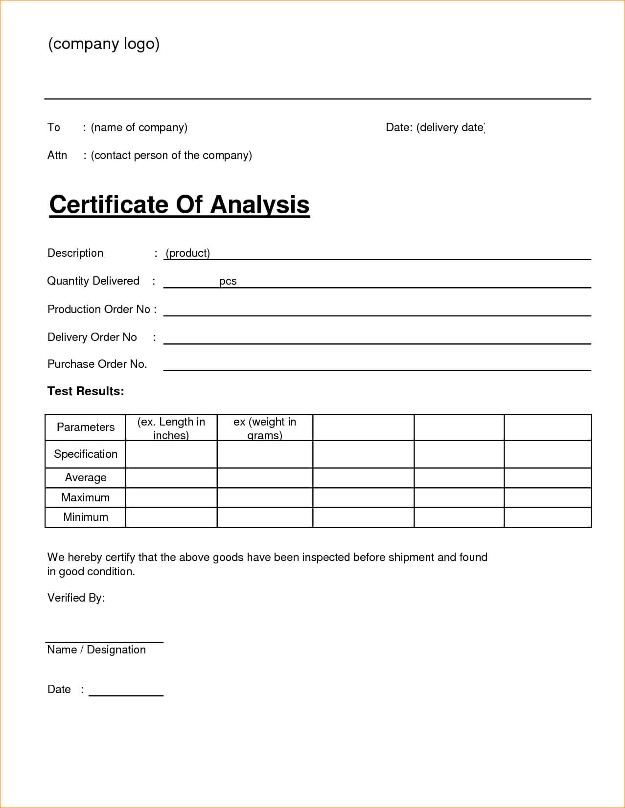 🥰4+ Free Sample Certificate Of Analysis (Coa) Templates🥰 With Certificate Of Analysis Template