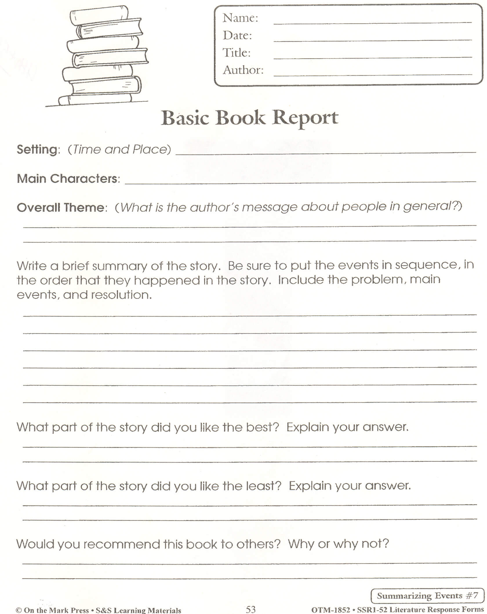 Fiction Book Report Template 6Th Grade For 7Th Graders Pdf Pertaining To Book Report Template 4Th Grade