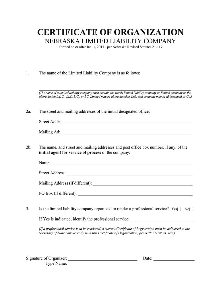 Fillable Online Nebraska Articles Of Organization For In Articles Of Organization Template
