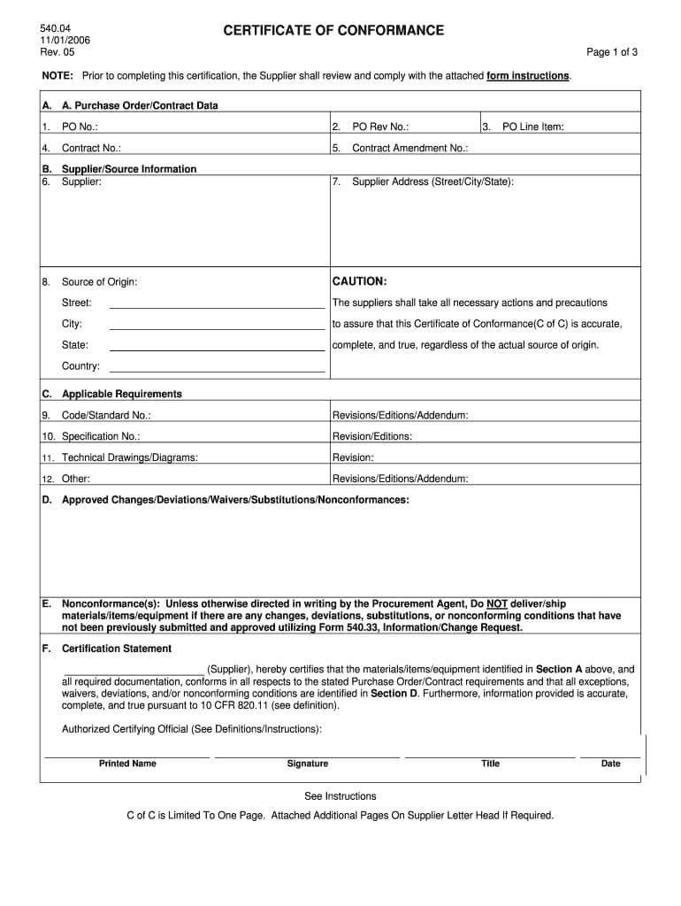 Fillable Online Supplier Certificate Of Conformance Form Pertaining To Certificate Of Conformance Template