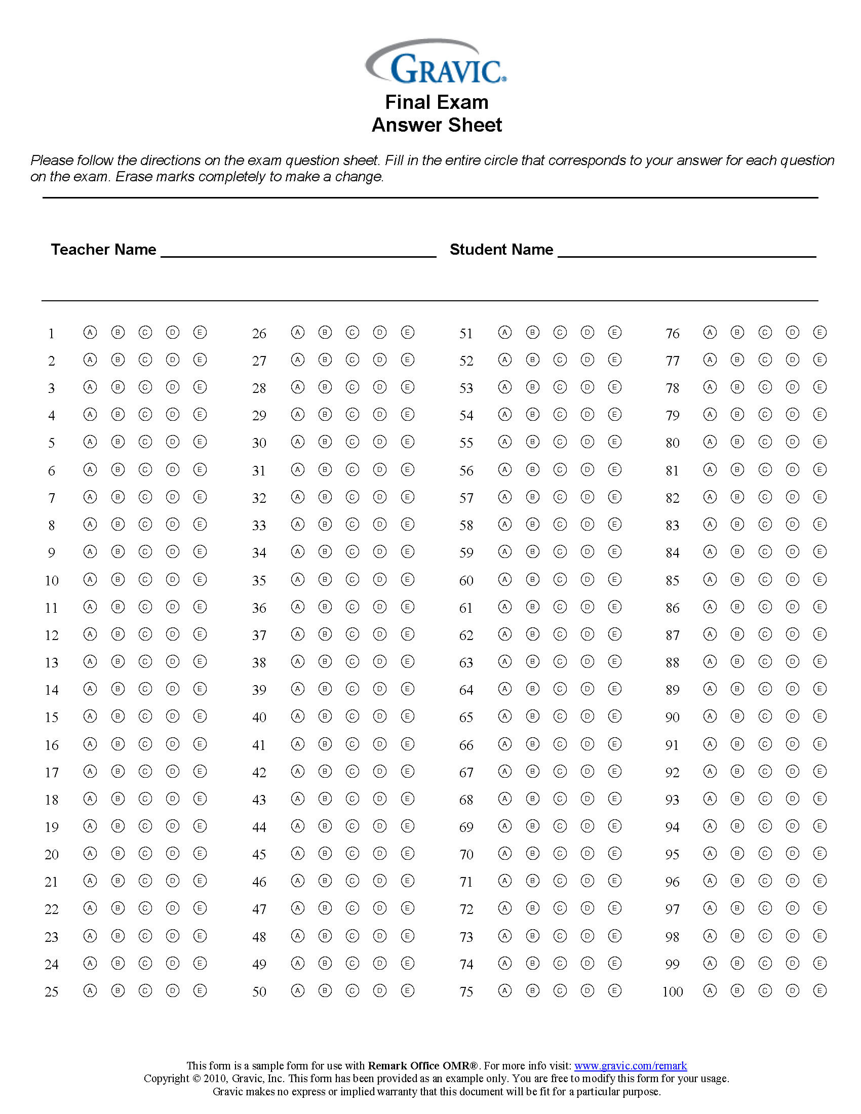 Final Exam 100 Question Test Answer Sheet · Remark Software Regarding Blank Answer Sheet Template 1 100