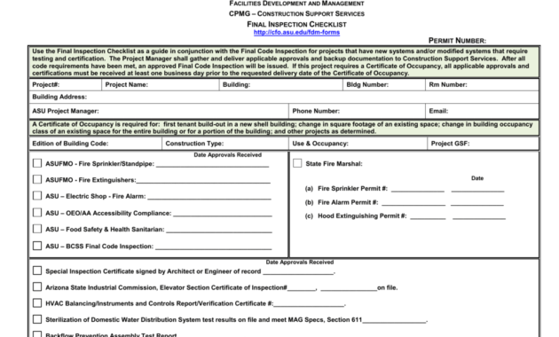 Final Inspection Checklist for Certificate Of Inspection Template