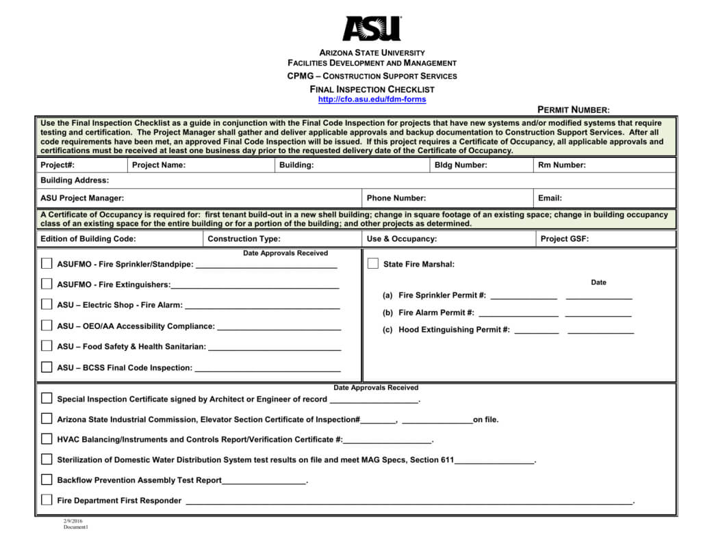 Final Inspection Checklist For Certificate Of Inspection Template