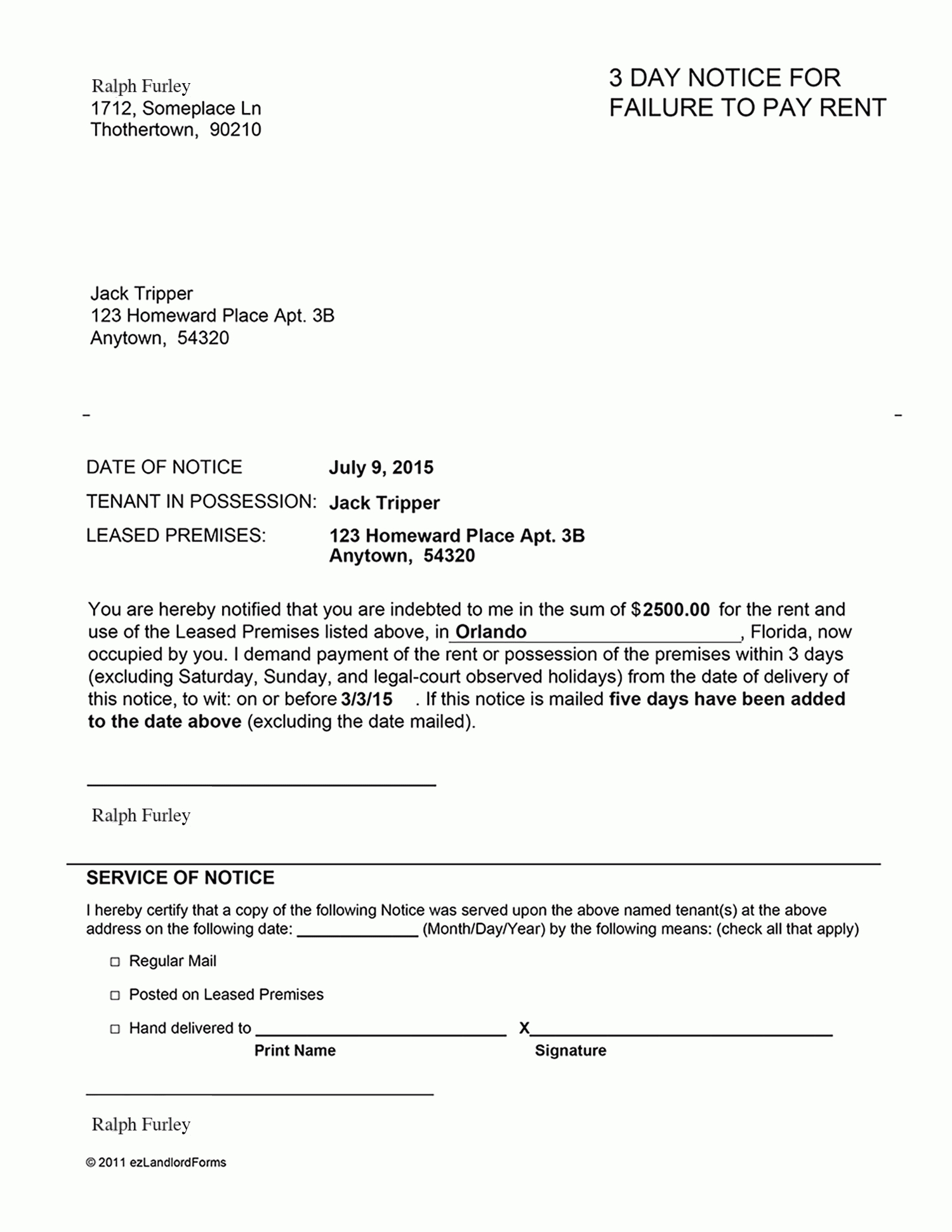 Florida 3 Day Notice To Pay Rent | Ezlandlordforms For 3 Day Eviction Notice Template