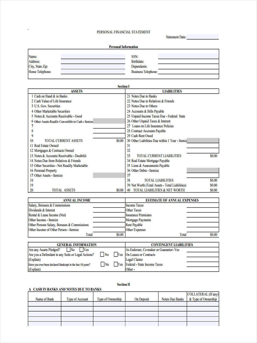 Free 7+ Personal Financial Statement Forms In Pdf With Regard To Blank Personal Financial Statement Template