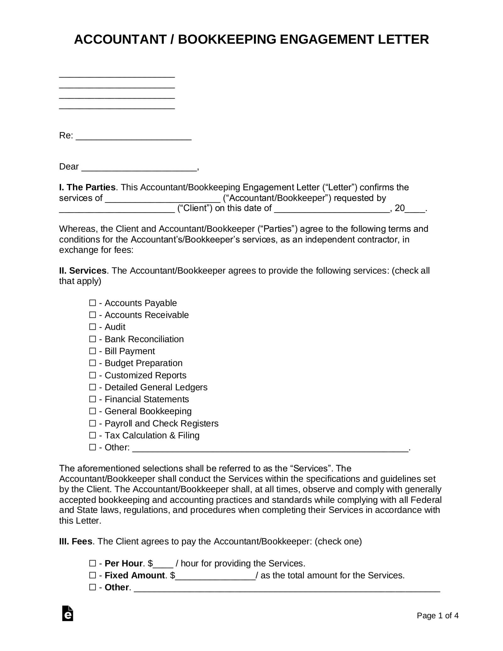 Free Accountant / Bookkeeping Engagement Letter – Pdf | Word For Bookkeeping Letter Of Engagement Template