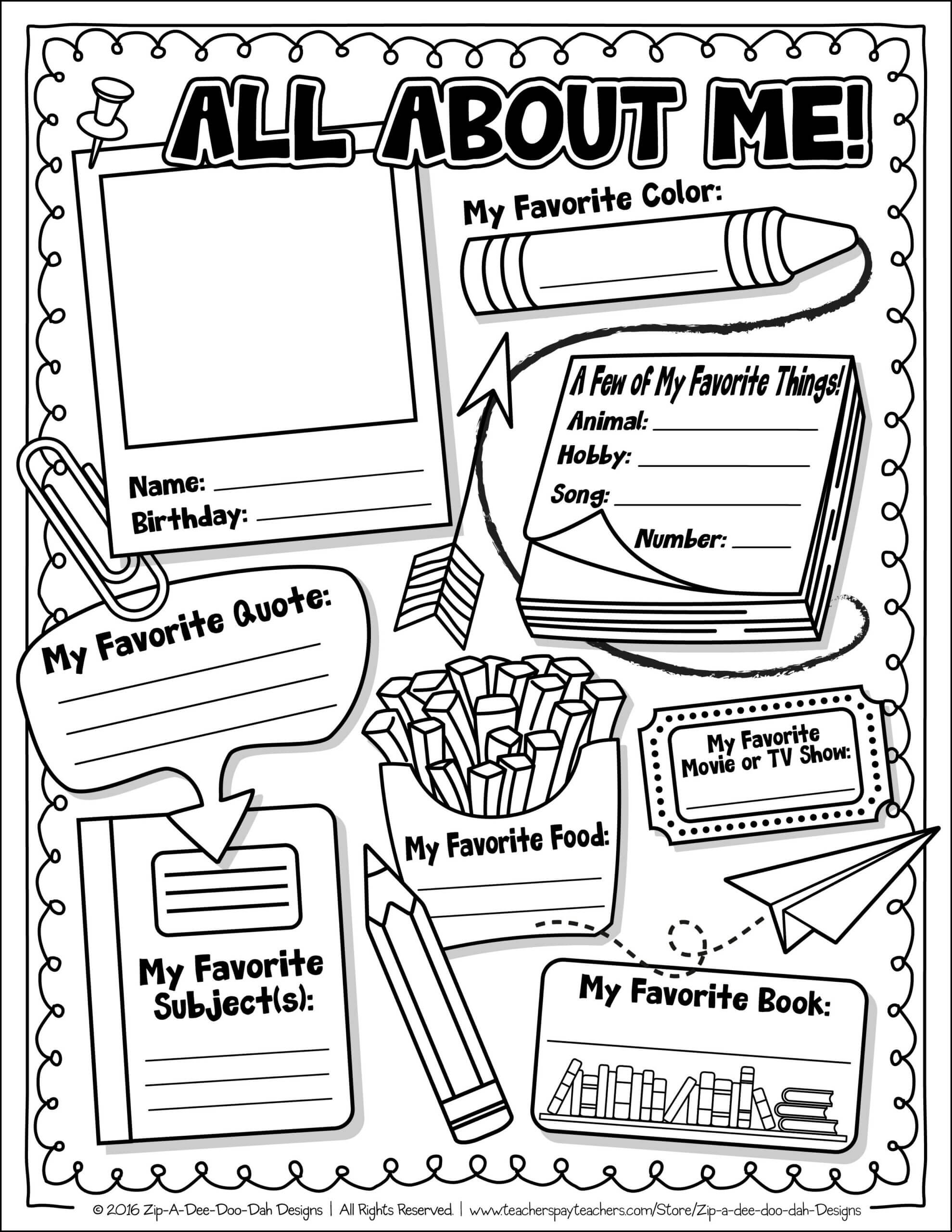 Free All About Me Activity Worksheet Template Zip Doo Kids Throughout All About Me Book Template