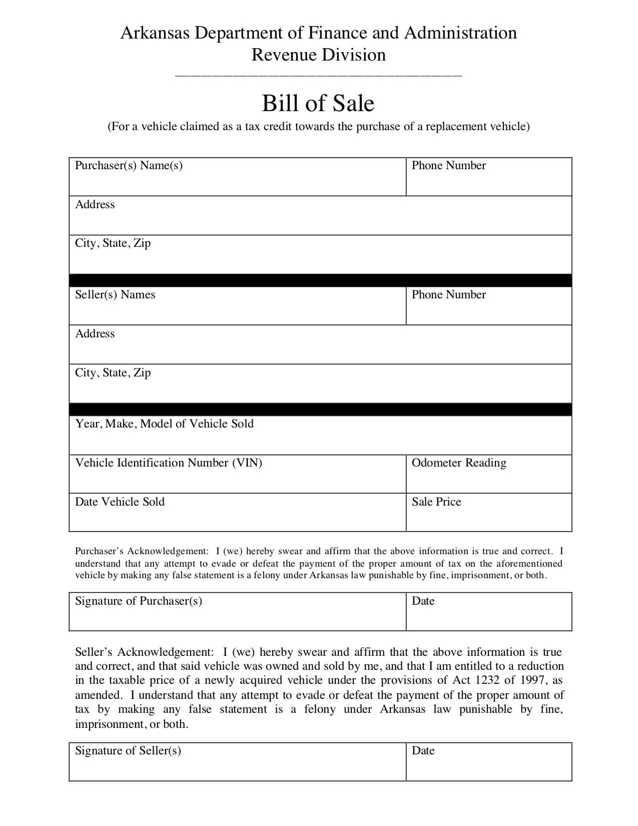 Free Arkansas Bill Of Sale Form – Pdf Template | Legaltemplates Throughout Auto Bill Of Sale Template