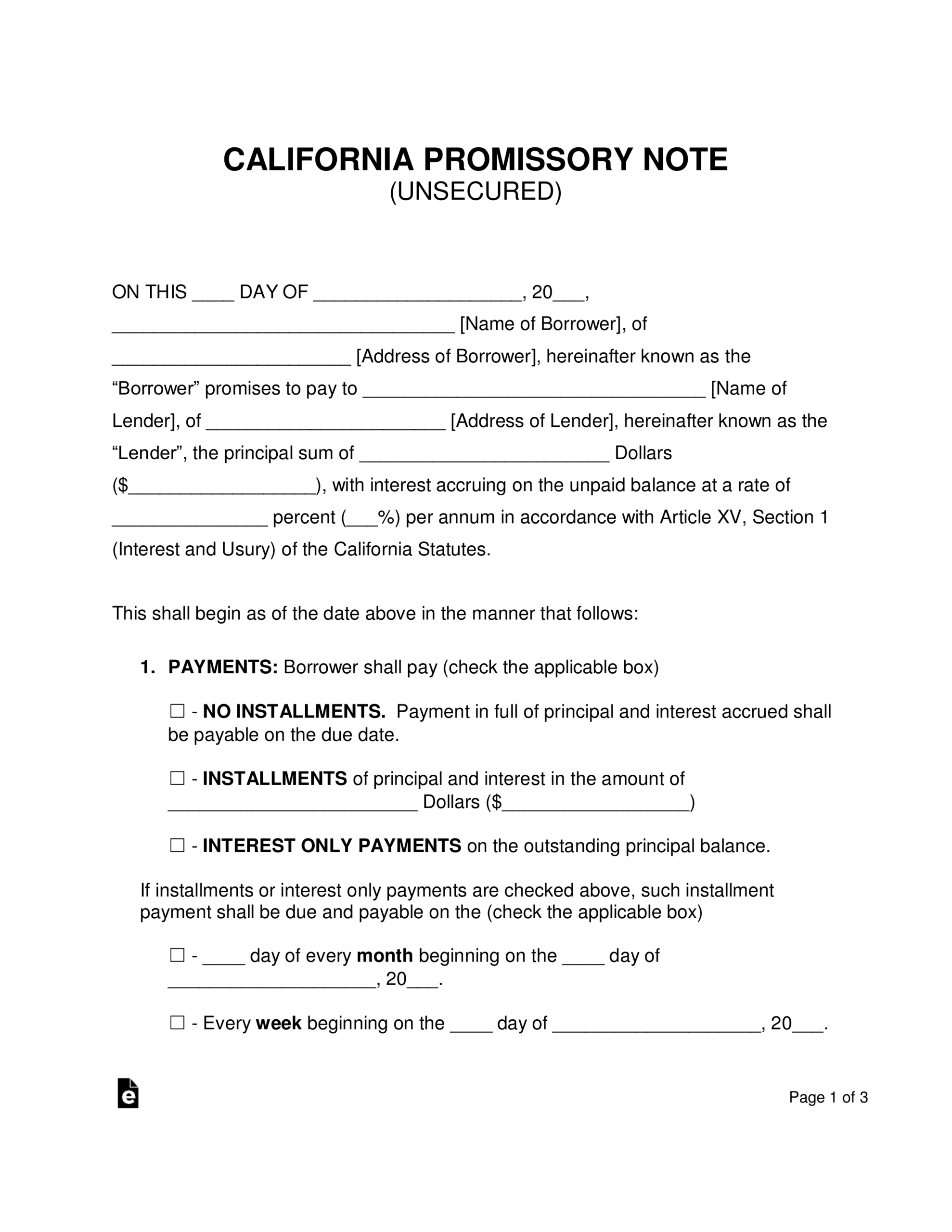Free California Unsecured Promissory Note Template – Word Regarding California Promissory Note Template