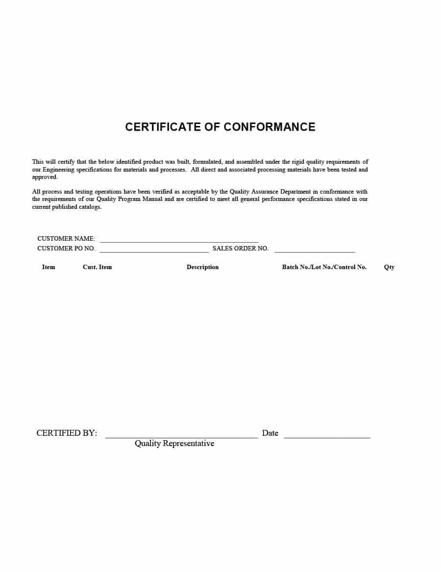 Free Certificate Of Conformance Tes Forms Form Example With Certificate Of Compliance Template