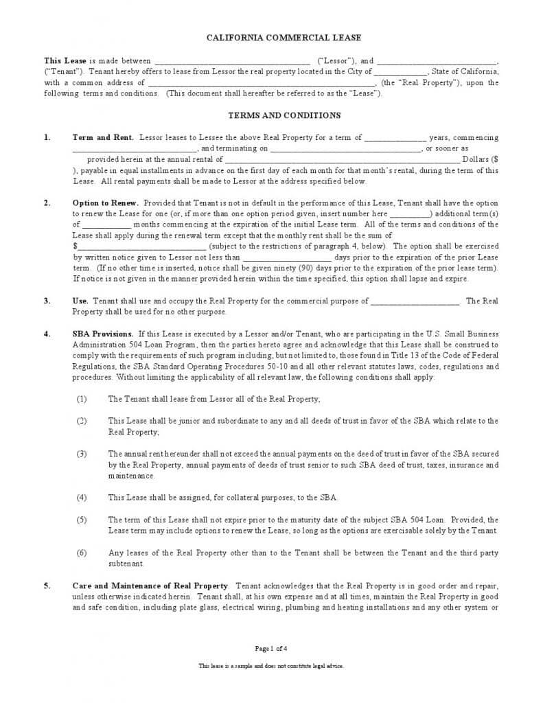 Free Printable California Commercial Lease Agreement With Business Lease Agreement Template Free